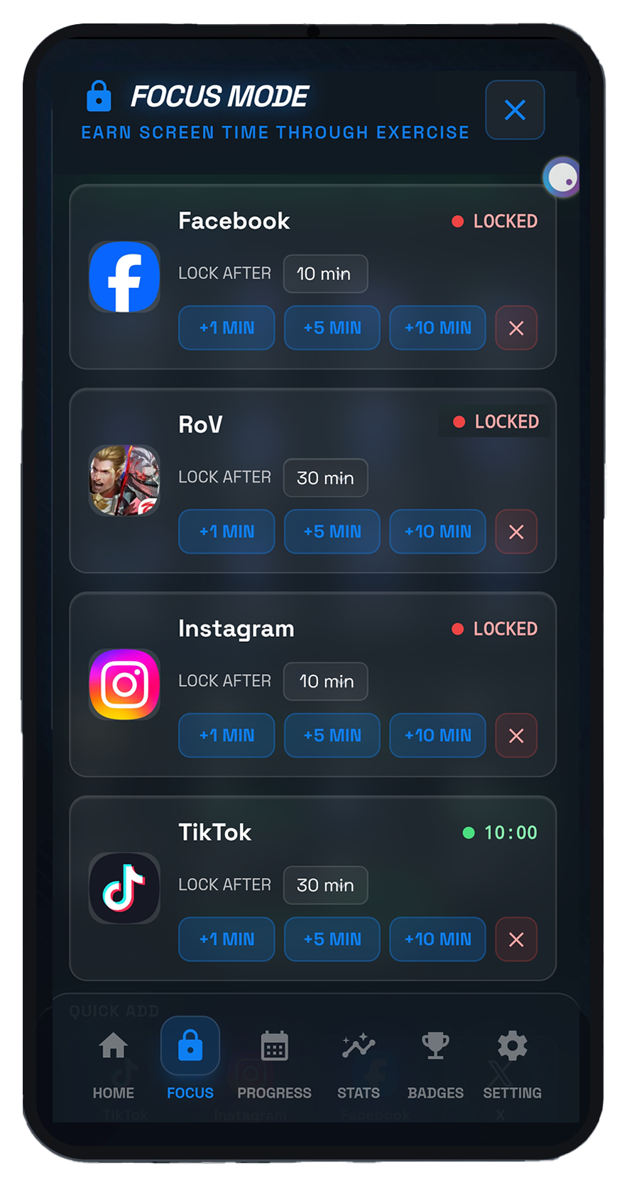 winAI locked apps list: Facebook, RoV and Instagram locked, TikTok unlocked with 10 minutes counting down, and one-tap buttons to spend earned minutes