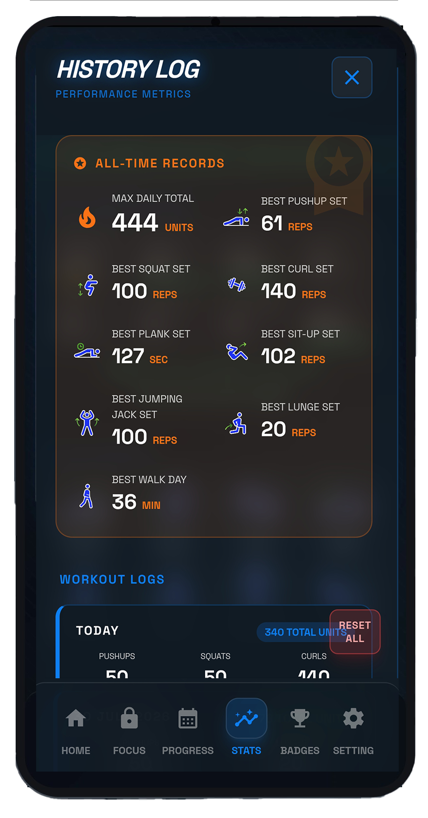 winAI history log screen listing all-time personal records